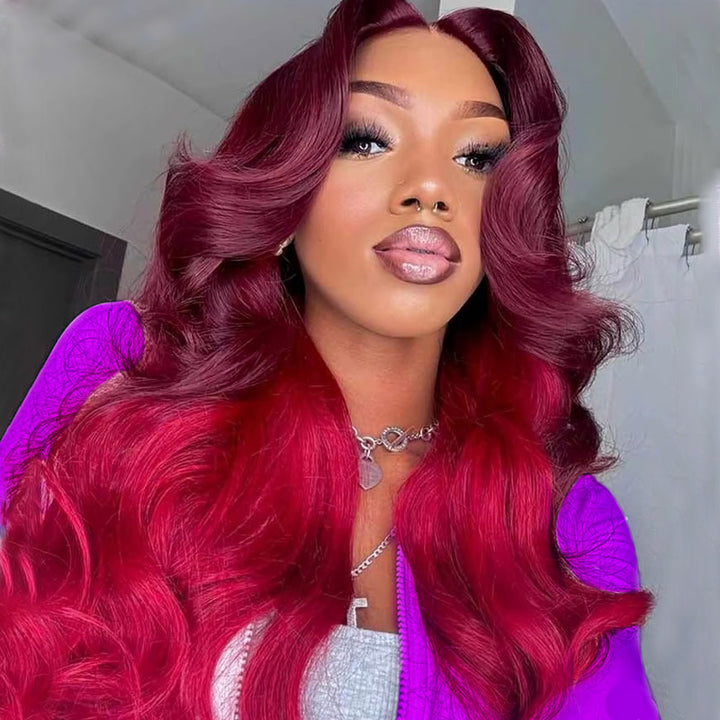 Allove Ombre 99J Red Colored 13x4/13x6 Transparent Lace Front Body Wave Wig Human Hair Wig Pre Plucked For Women