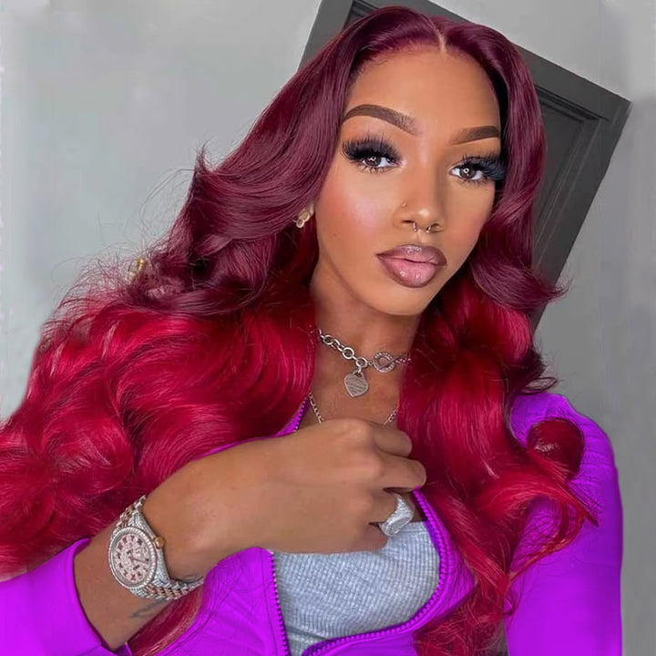 Allove Ombre 99J Red Colored 13x4/13x6 Transparent Lace Front Body Wave Wig Human Hair Wig Pre Plucked For Women