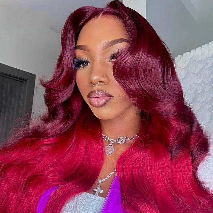 Allove Ombre 99J Red Colored 13x4/13x6 Transparent Lace Front Body Wave Wig Human Hair Wig Pre Plucked For Women
