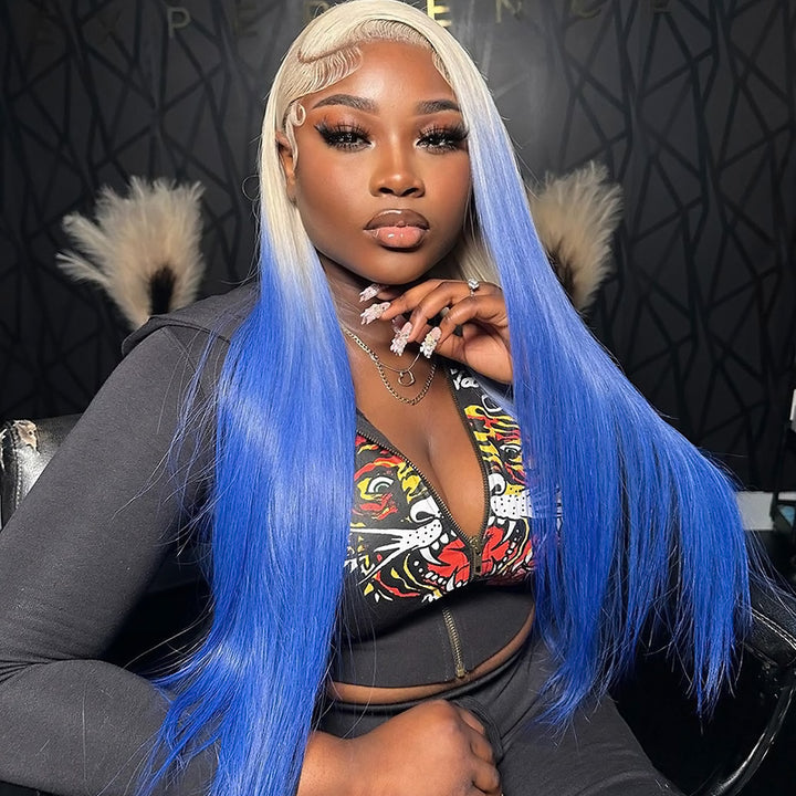Allove Ombre Blonde Blue Color Human Hair Wigs For Women 13x4 Lace Front Wig Straight/Body Wave Lace Front Wig with Pre Plucked - AlloveHair