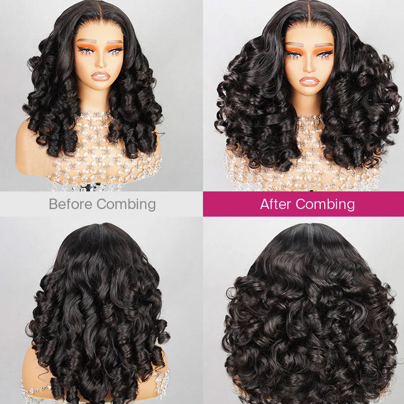 Allove Salon-Quality Luxurious Funmi Curly Glueless 5x5/13x4 Pre-Cut Lace Wig Thick Layered Bouncy Wavy Human Wig