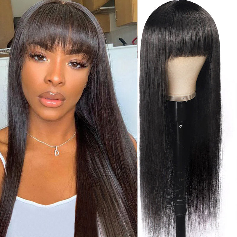 Allove Straight Full Machine Made Wig With Neat Bangs No Lace Affordable 100% Human Hair Wig
