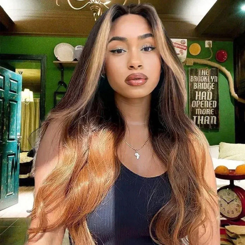 Allove Three Tone Ombre Hair T1B/4/27 Body Wave 13x4  Full Lace Front Human Hair Wig with Pre Plucked