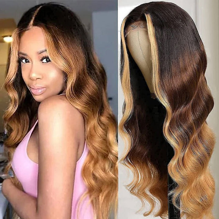 Allove Three Tone Ombre Hair T1B/4/27 Body Wave 13x4  Full Lace Front Human Hair Wig with Pre Plucked
