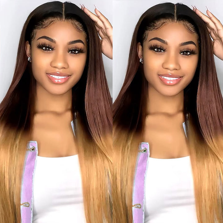 Allove Three Tone Ombre Hair T1B/4/27 Body Wave 13x4  Full Lace Front Human Hair Wig with Pre Plucked