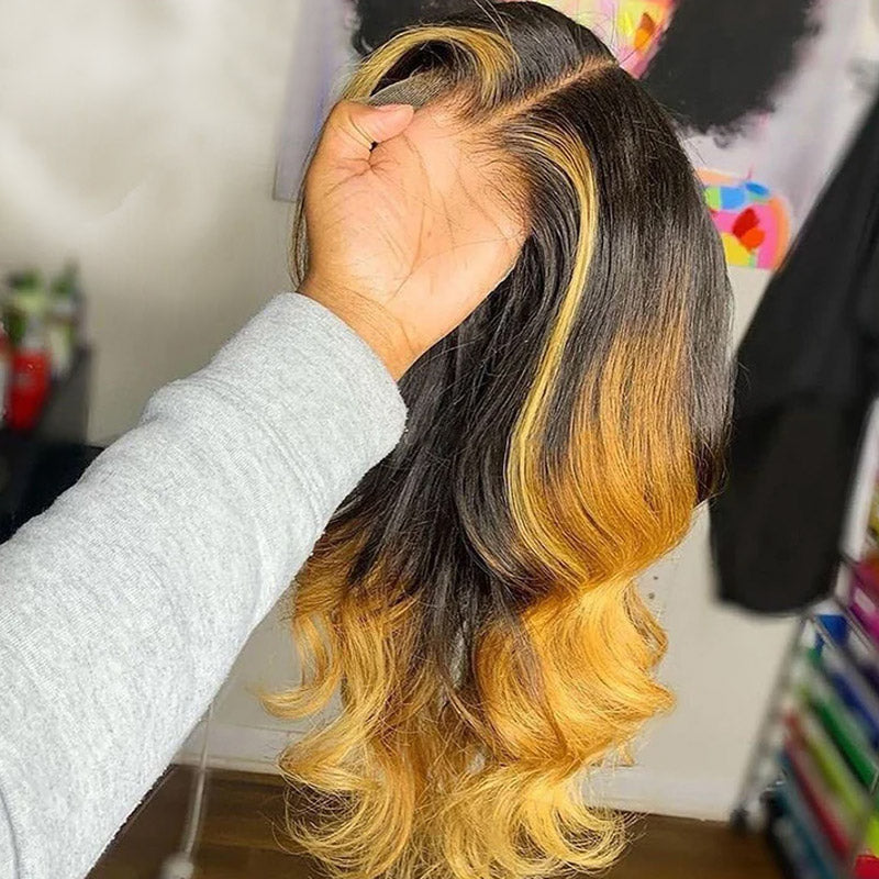 Allove Three Tone Ombre Hair T1B/4/27 Body Wave 13x4  Full Lace Front Human Hair Wig with Pre Plucked