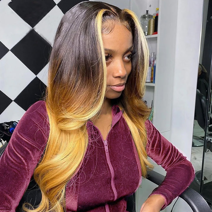 Allove Three Tone Ombre Hair T1B/4/27 Body Wave 13x4  Full Lace Front Human Hair Wig with Pre Plucked