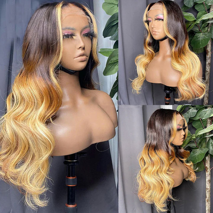 Allove Three Tone Ombre Hair T1B/4/27 Body Wave 13x4  Full Lace Front Human Hair Wig with Pre Plucked
