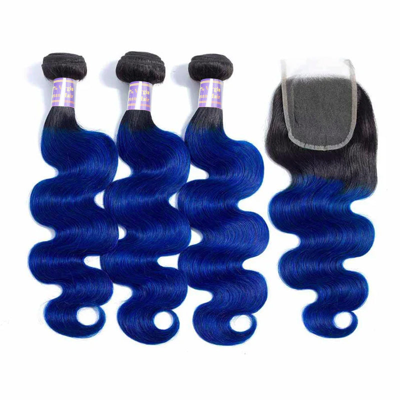 Allove 1B/Blue Colored Body Wave Human Hair 3 Bundles with 4x4 Lace Closure Ombre Human Hair Extension - AlloveHair