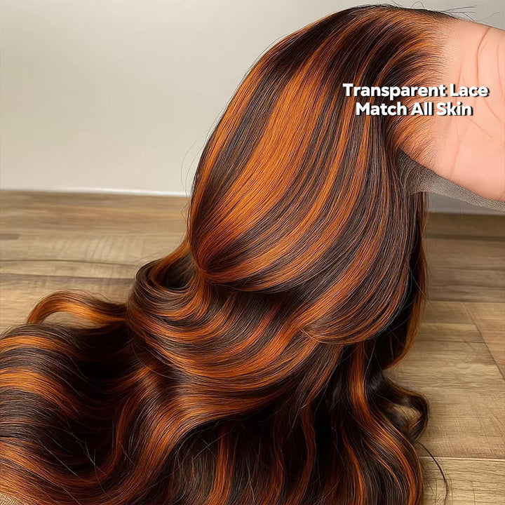 Allove #4/350 Highlight Body Wave Wigs Human Hair 5x5 Closure Lace Glueless Ombre Ginger Orange MIX Brown Color Wig