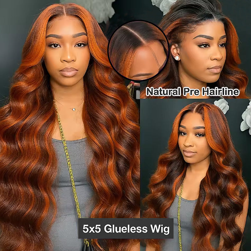 Allove #4/350 Highlight Body Wave Wigs Human Hair 5x5 Closure Lace Glueless Ombre Ginger Orange MIX Brown Color Wig