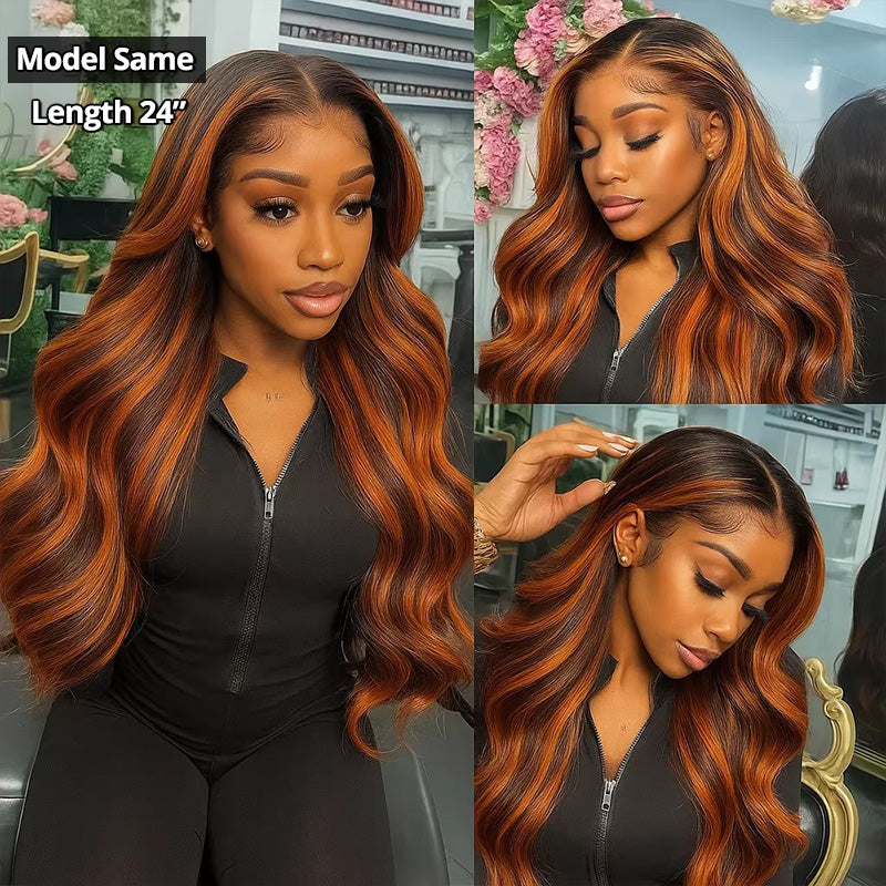 Allove #4/350 Highlight Body Wave Wigs Human Hair 5x5 Closure Lace Glueless Ombre Ginger Orange MIX Brown Color Wig