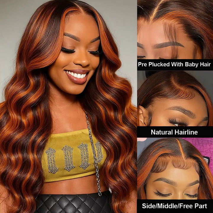 Allove #4/350 Highlight Body Wave Wigs Human Hair 5x5 Closure Lace Glueless Ombre Ginger Orange MIX Brown Color Wig