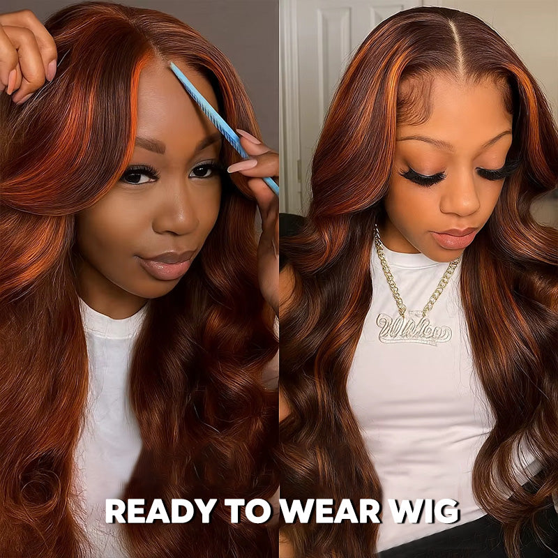 Allove #4/350 Highlight Body Wave Wigs Human Hair 5x5 Closure Lace Glueless Ombre Ginger Orange MIX Brown Color Wig