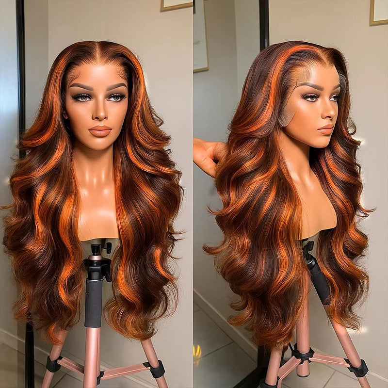 Allove #4/350 Highlight Body Wave Wigs Human Hair 5x5 Closure Lace Glueless Ombre Ginger Orange MIX Brown Color Wig
