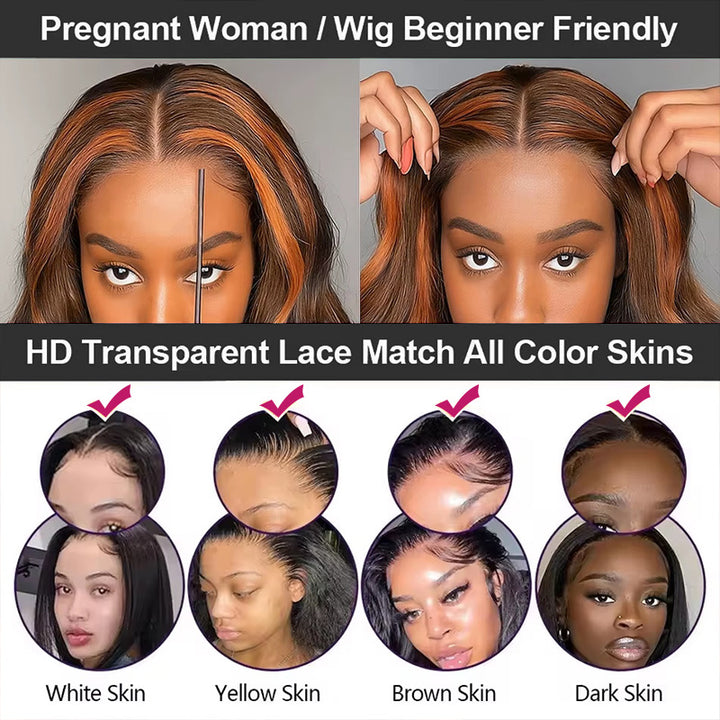 Allove #4/350 Highlight Body Wave Wigs Human Hair 5x5 Closure Lace Glueless Ombre Ginger Orange MIX Brown Color Wig