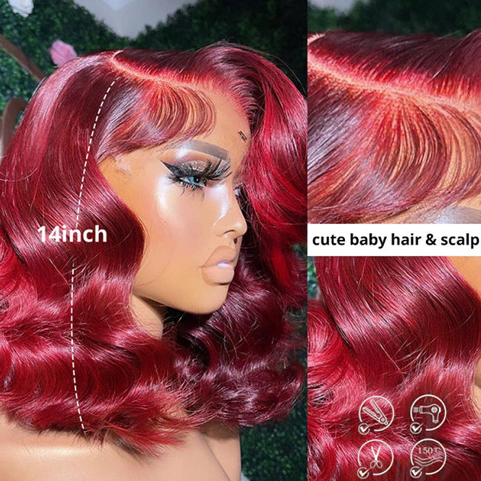 Allove Hair Cherry Red Body Wave 13x4 Lace Front Wig Pre Plucked Glueless Bob Wigs