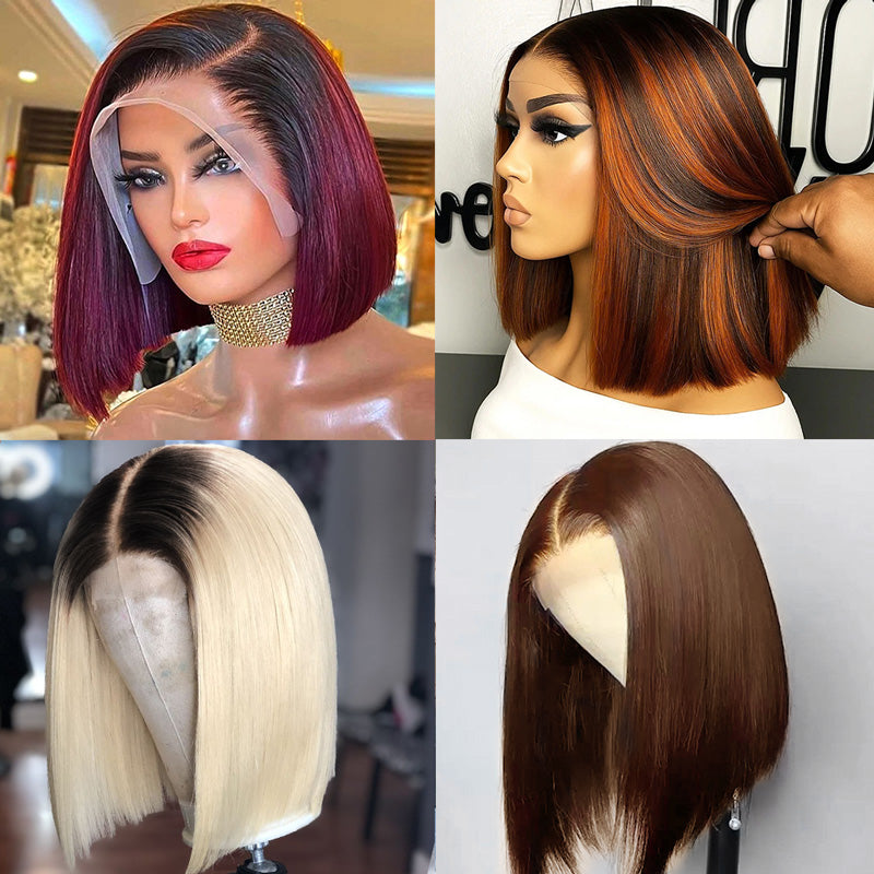 Premium Colored Short Bob Wig Pre Plucked 13x4 Lace Front Straight Hair Wig 200% Density - AlloveHair