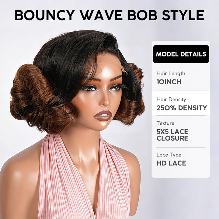 300% Density Raw Vietnamese Double Drawn Human Hair Bob Wig Ombre Brown 5x5 HD Lace Closure Wigs