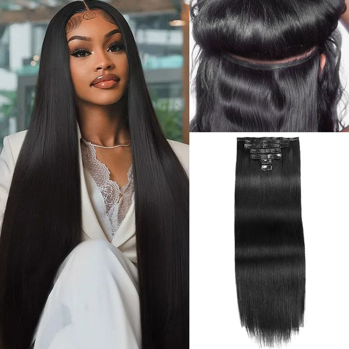 [Final Price - No Code Needed] Seamless PU Clip in Hair Extensions Silky Straight Real Human Hair Pieces For Black Women