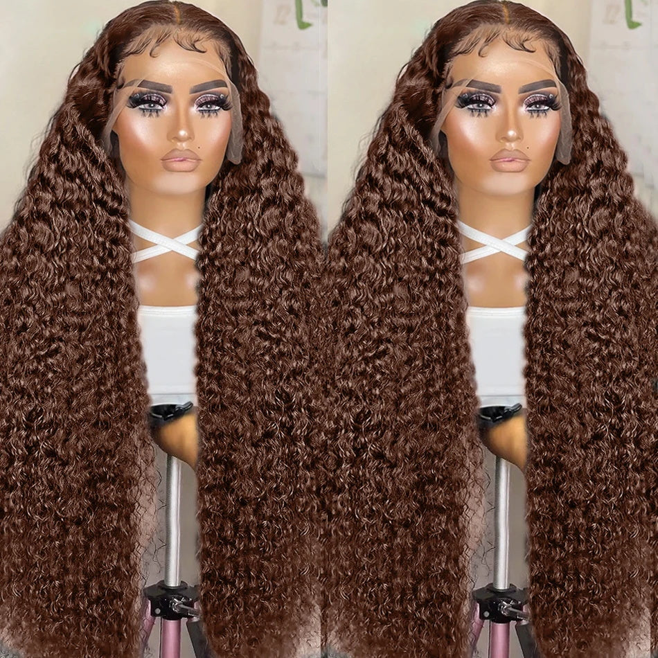 #4 Brown Colored Deep Wave Lace Front Wig 13x4 Transparent Lace Frontal Wig Pre-Plucked Human Hair Wig