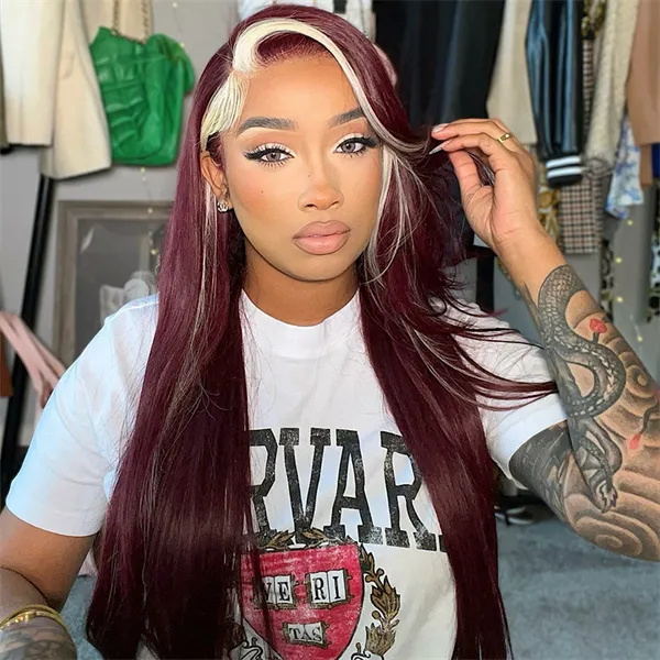 Skunk Stripe 99J Burgundy Blonde Body Wave 13x4 Transparent Lace Front Human Hair Wig