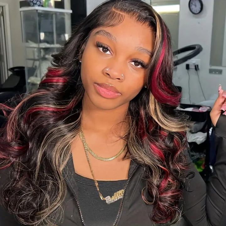 Allove New Pop Highlights Wig 180% Density Burgundy Red And Auburn Mixed Highlights Glueless Wig