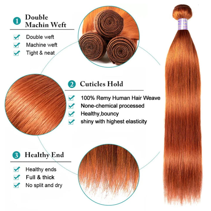 Ginger Orange Color Brazilian 3 Bundles Straight Human Hair Extensions