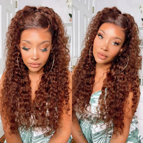 Allove Reddish Brown 33# Color Human Hair Water Wave 13x4 Lace Front Wigs Pre-Plucked Colored Wigs