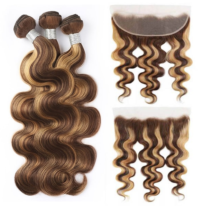 Allove Highlight Body Wave Hair 3 Bundles With Transparent 13*4 Lace Frontal