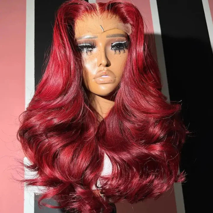 Allove Hair Cherry Red Body Wave 13x4 Lace Front Wig Pre Plucked Glueless Bob Wigs