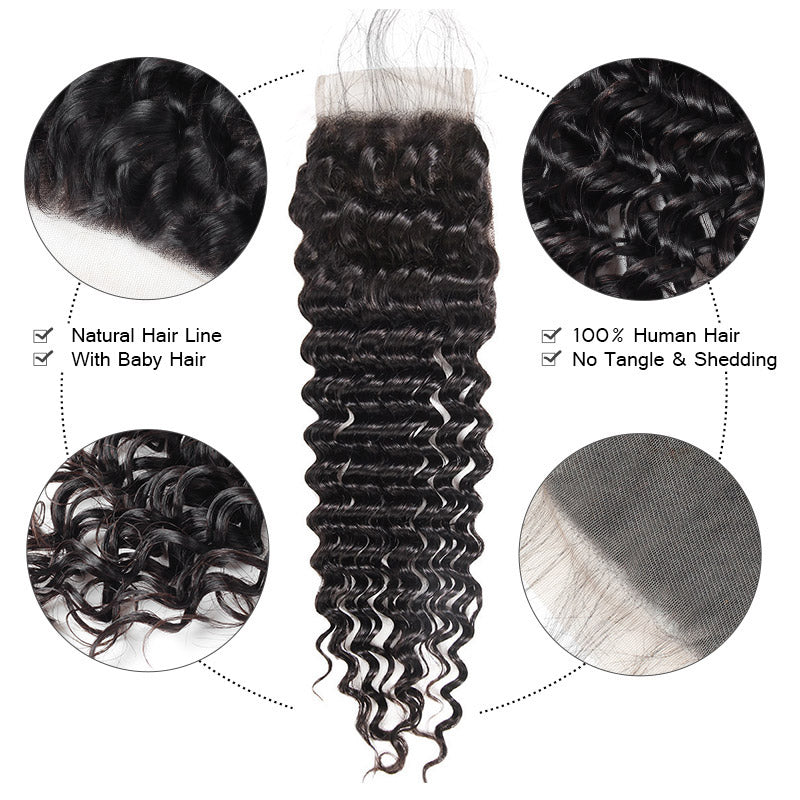 Allove Hair Deep Wave 3 Bundles With 5*5 Lace Closure Virgin Human Hair