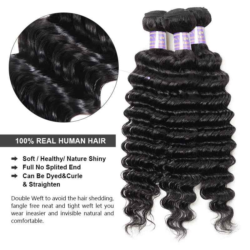 Allove Hair Deep Wave 3 Bundles With 5*5 Lace Closure Virgin Human Hair