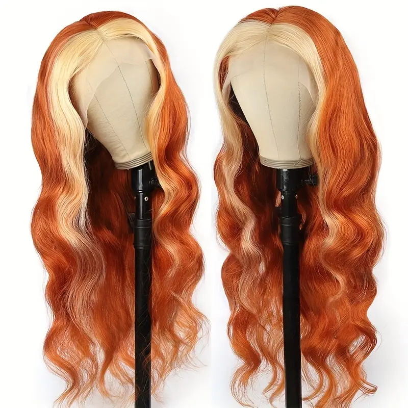 Ginger Blonde Ombre Colored Body Wave Hair 4*4 Transparent Glueless Lace Closure Wig Human Hair Wigs with Pre Plucked