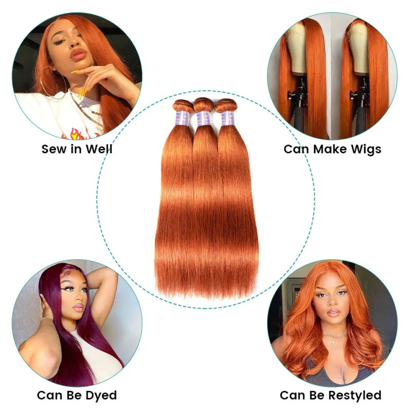 Ginger Orange Color Brazilian 3 Bundles Straight Human Hair Extensions