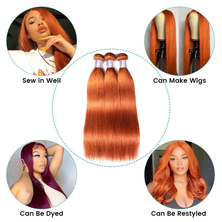 Ginger Orange Color Brazilian 3 Bundles Straight Human Hair Extensions