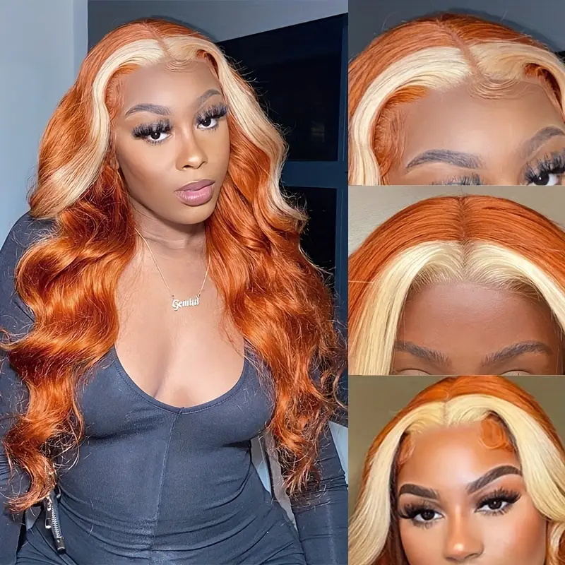 Ginger Blonde Ombre Colored Body Wave Hair 4*4 Transparent Glueless Lace Closure Wig Human Hair Wigs with Pre Plucked