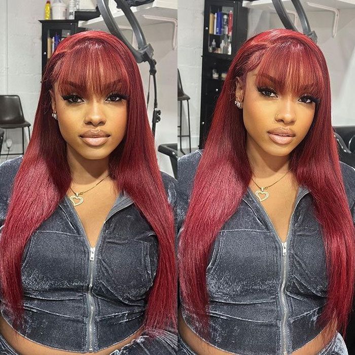99J Burgundy Color Machine Made Wig With Bangs Stright Wig No Lace