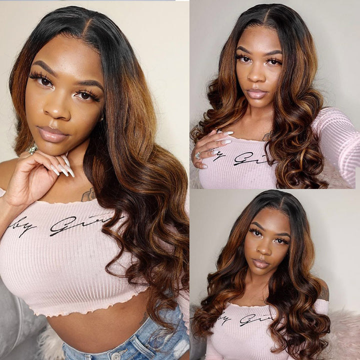 Allove Hair 4x4 Lace Closure With 3 Bundles Body Wave Brown Balayage Color