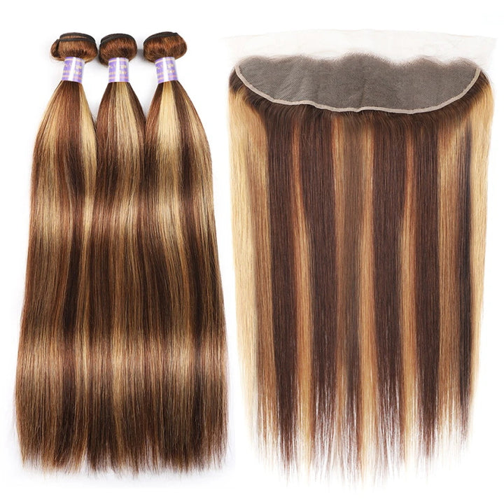 Honey Blonde Straight Hair 3 Bundles With Transparent 13*4 Lace Frontal