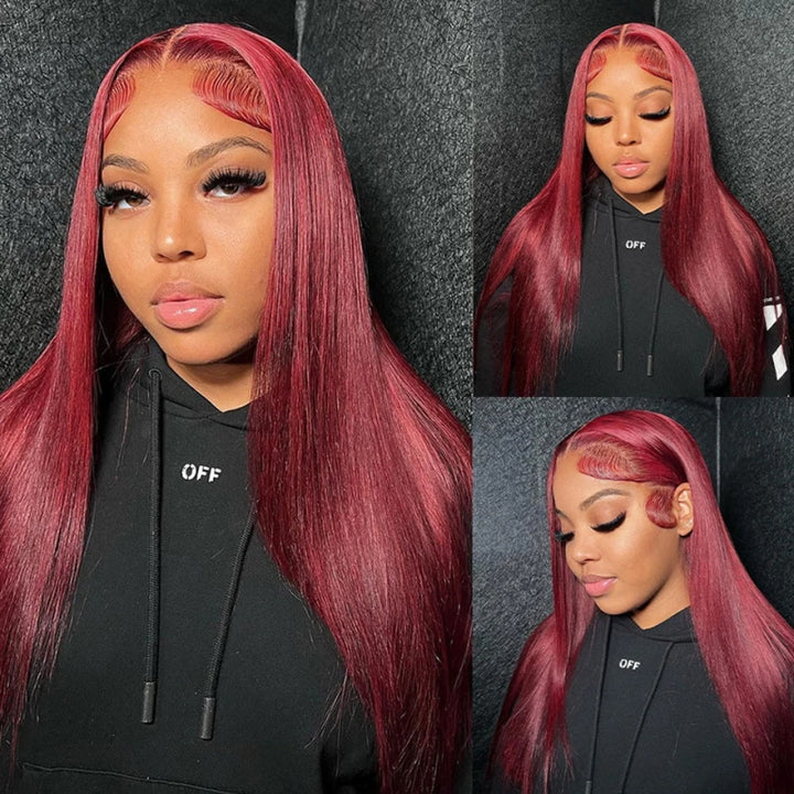 Allove Hair 99J Straight Hair 3 Bundles With Closure Burgundy Dark Wine Red