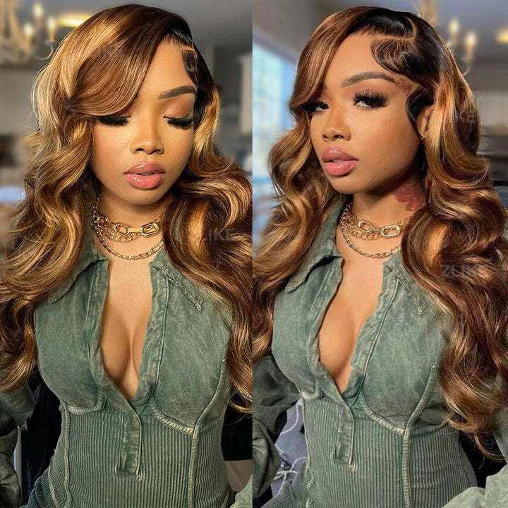 Allove Highlight Body Wave Hair 3 Bundles With Transparent 13*4 Lace Frontal