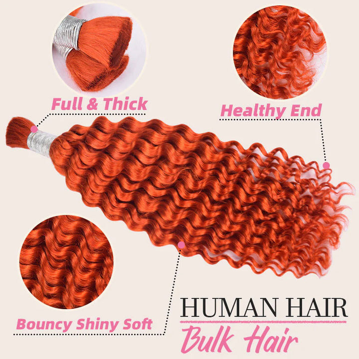Allove Hair #350 Ginger Colored Deep Curly Bulk Hair For Braiding 12-28 Inch Human Copper Hair Extensions