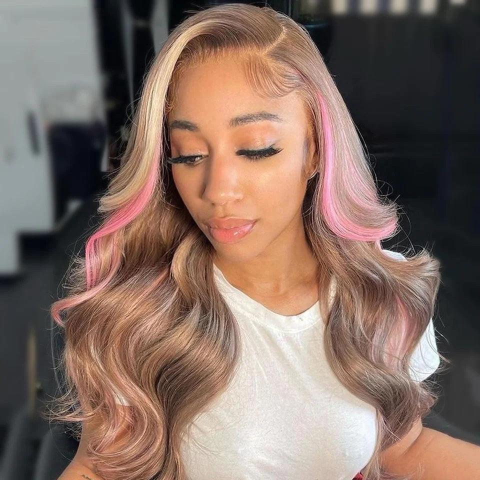 Allove Side Part Pink Balayage On #4 Light Brown Hair Wigs Body Wave 13x4 Lace Front Wigs