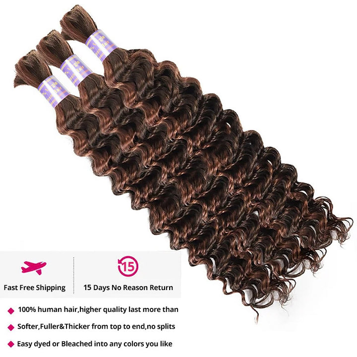 Allove #4 30 Ombre Brown Bulk Human Hair For Boho Brading Deep Wave Human Hair Bundles No Weft Hair Extensions