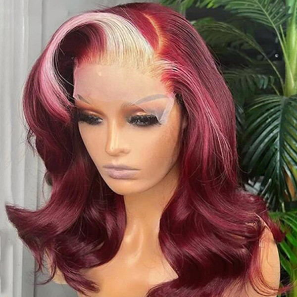 Skunk Stripe 99J Burgundy Blonde Body Wave 13x4 Transparent Lace Front Human Hair Wig