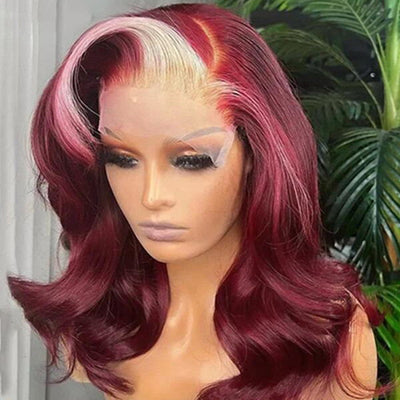Skunk Stripe 99J Burgundy Blonde Body Wave 13x4 Transparent Lace Front Human Hair Wig