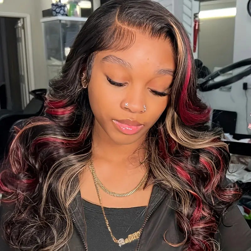 Allove New Pop Highlights Wig 180% Density Burgundy Red And Auburn Mixed Highlights Glueless Wig