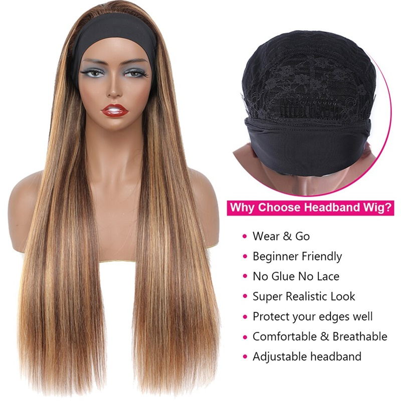 Honey Blonde Ombre Hair With Headband Straight Human Hair Non Lace Wig