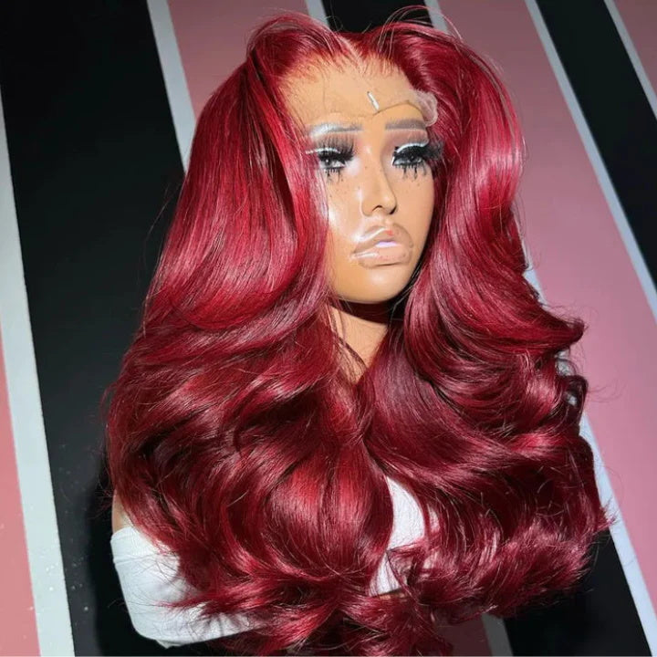 Allove Hair Cherry Red Body Wave 13x4 Lace Front Wig Pre Plucked Glueless Bob Wigs